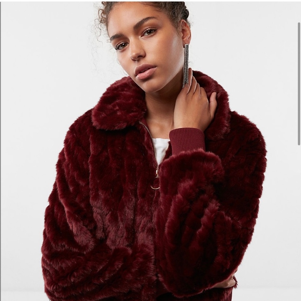 Express Burgundy Oxblood Faux Fur Bomber Jacket